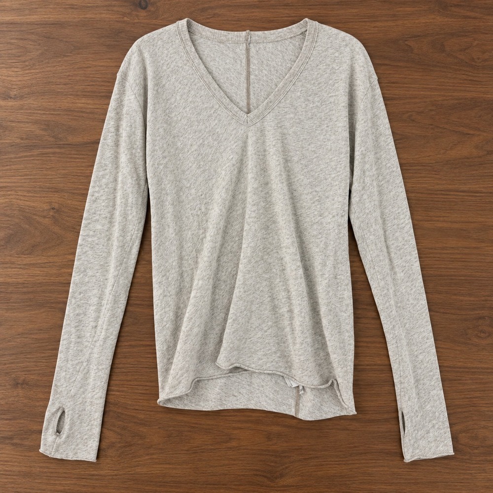 Enza Costa Cashmere Jersey Loose V-Neck Top Womens L Natural Thumbhole CJ1644